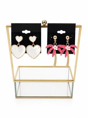 Two sets of summer earrings: Gold & Pink palm trees and white heart pearl finish